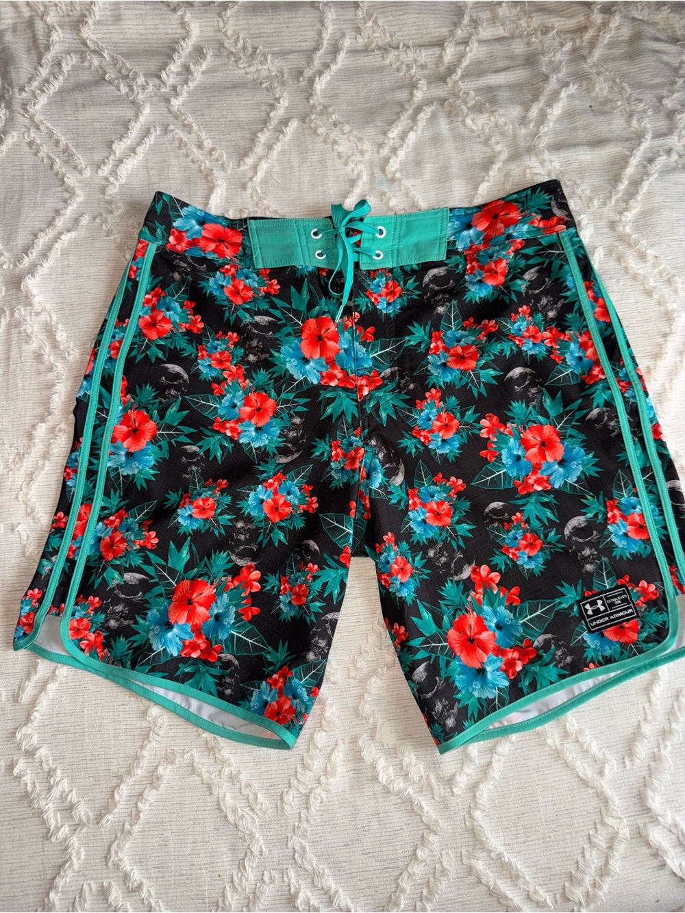 Under Armour Black Floral Board Shorts with Teal Trim